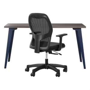 Bowery Hill Set of Black Mesh Back Chair and Desk in Navy Metal / Trail Walnut