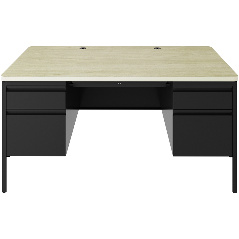 Bowery Hill 30x60 Double Pedestal Metal File Desk with Soft Corner - Black/Maple