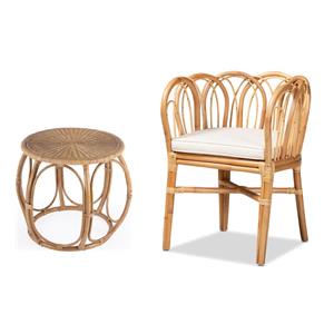 Bowery Hill Set of 2 Woven Rattan Round End Table and Rattan Chair in Natural