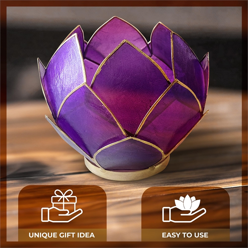 Bowery Hill Handcrafted Blooming Lotus Capiz Shell Tea Light Holder in Purple