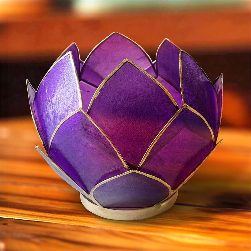 Bowery Hill Handcrafted Blooming Lotus Capiz Shell Tea Light Holder in Purple