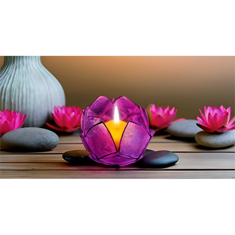Bowery Hill Handcrafted Blooming Lotus Capiz Shell Tea Light Holder in Purple