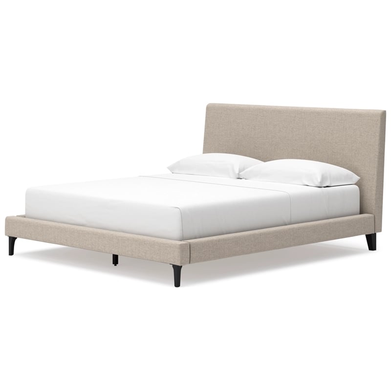 Bowery Hill Beige Queen Polyester Upholstered Bed with Roll Slats