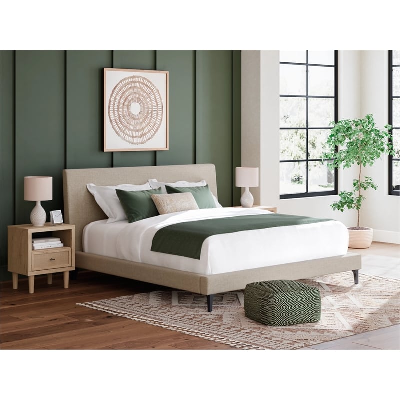 Bowery Hill Beige Queen Polyester Upholstered Bed with Roll Slats