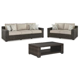 Bowery Hill Outdoor Patio Set of Coffee Table, Loveseat, & Sofa in Brown with Beige Cushions
