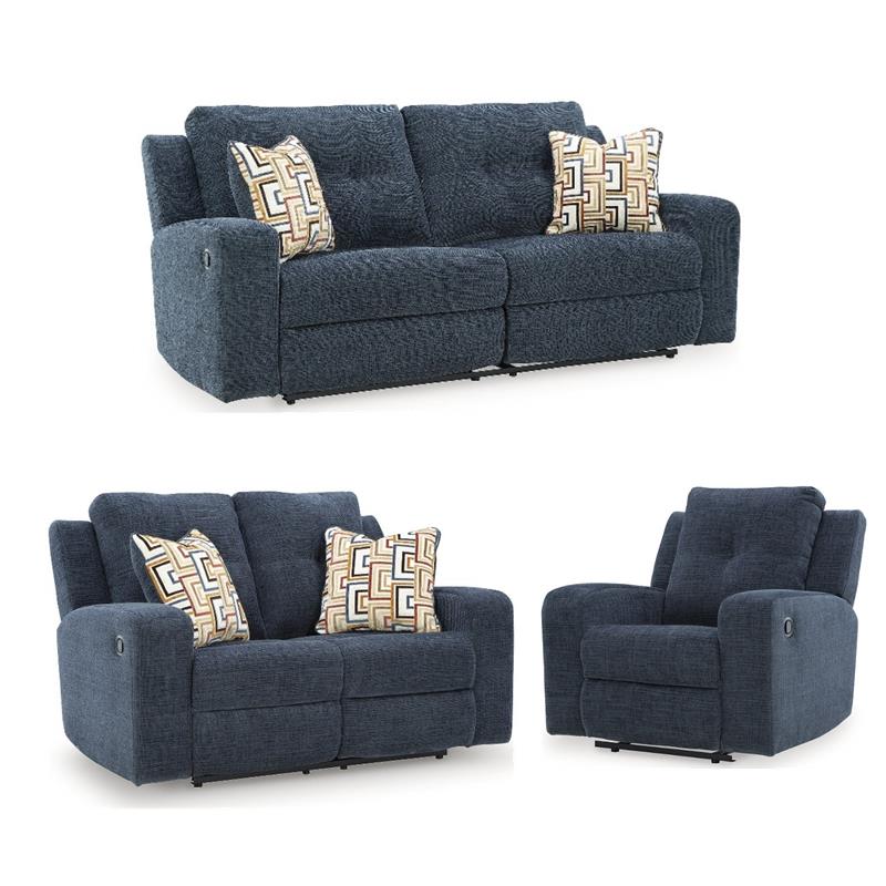 Bowery Hill Reclining Sofa, Loveseat, and Recliner Set – Blue Polyester Upholstered