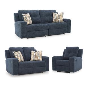 Bowery Hill Reclining Sofa, Loveseat, and Recliner Set – Blue Polyester Upholstered