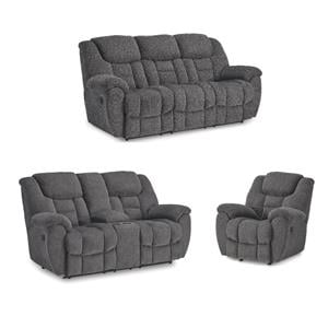 Bowery Hill 3-Piece Reclining Set of Charcoal Sofa, Loveseat with Console, & Recliner