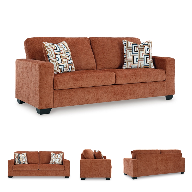 Bowery Hill Living Room Set of Recliner, Loveseat, & Sofa in Burnt Orange Polyester Upholstered