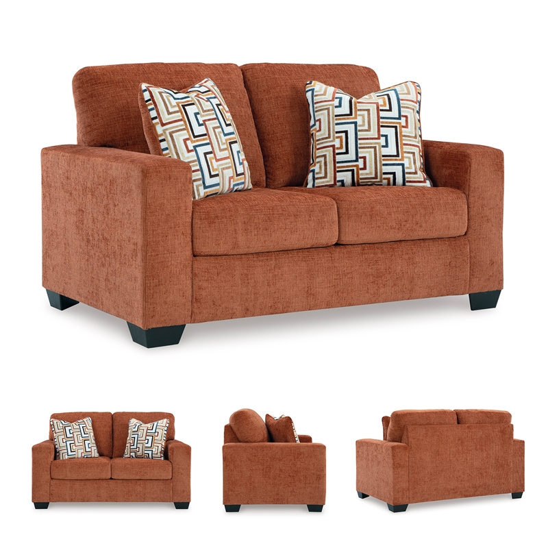 Bowery Hill Living Room Set of Recliner, Loveseat, & Sofa in Burnt Orange Polyester Upholstered