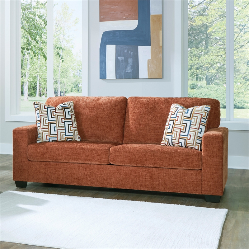 Bowery Hill Living Room Set of Recliner, Loveseat, & Sofa in Burnt Orange Polyester Upholstered