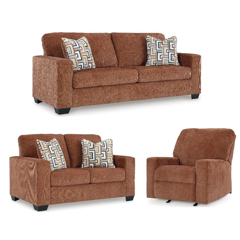 Bowery Hill Living Room Set of Recliner, Loveseat, & Sofa in Burnt Orange Polyester Upholstered