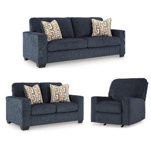 Bowery Hill Living Room Set of Recliner, Loveseat, & Sofa in Navy Blue Polyester Upholstered