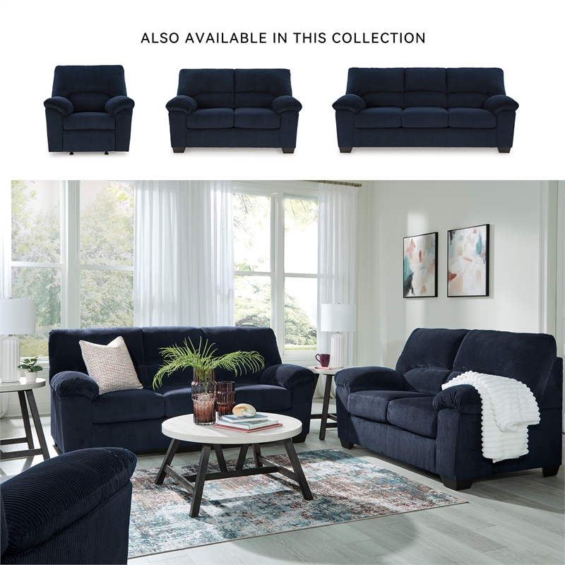 Bowery Hill Navy Living Room Set of Recliner, Loveseat, & Sofa in Polyester Upholstered