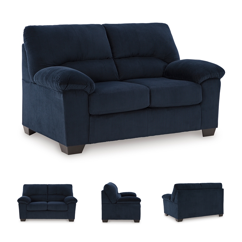 Bowery Hill Navy Living Room Set of Recliner, Loveseat, & Sofa in Polyester Upholstered