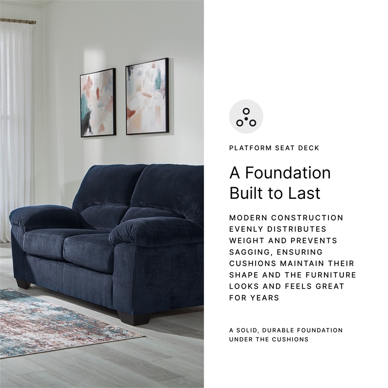 Bowery Hill Navy Living Room Set of Recliner, Loveseat, & Sofa in Polyester Upholstered