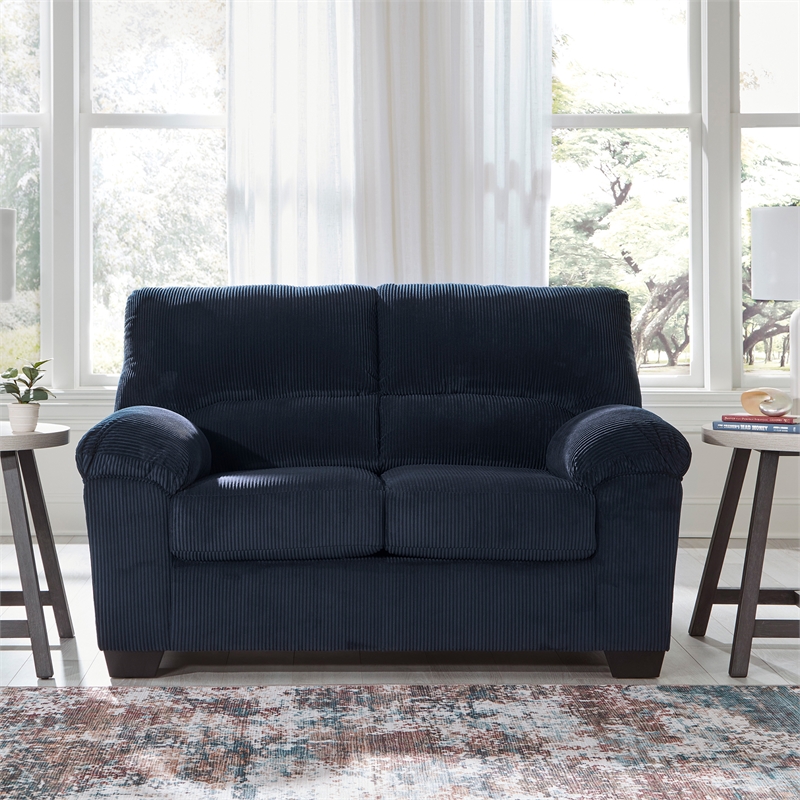 Bowery Hill Navy Living Room Set of Recliner, Loveseat, & Sofa in Polyester Upholstered