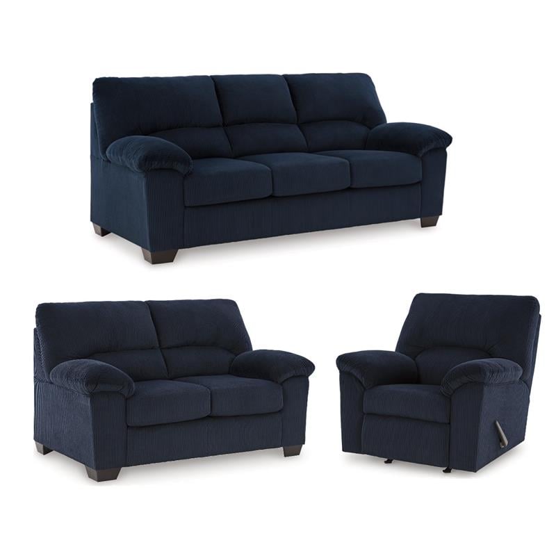 Bowery Hill Navy Living Room Set of Recliner, Loveseat, & Sofa in Polyester Upholstered