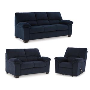 Bowery Hill Navy Living Room Set of Recliner, Loveseat, & Sofa in Polyester Upholstered