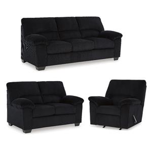 Bowery Hill Living Room Set of Recliner, Loveseat, & Sofa in Onyx Corduroy Upholstered