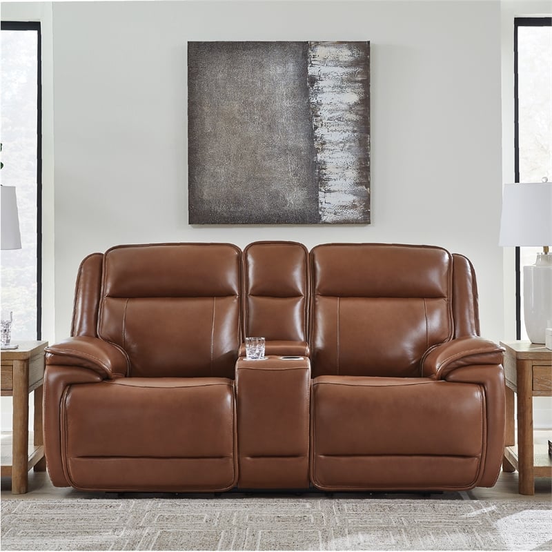 Bowery Hill Reclining Sofa Set with Power Features in Brown Leather Upholstered