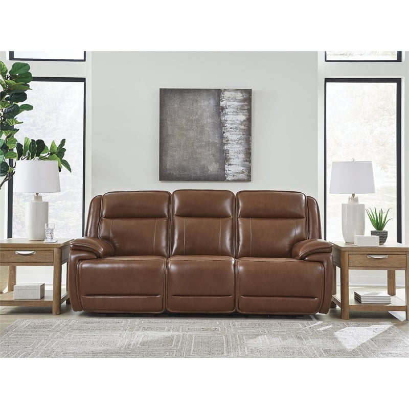 Bowery Hill Reclining Sofa Set with Power Features in Brown Leather Upholstered