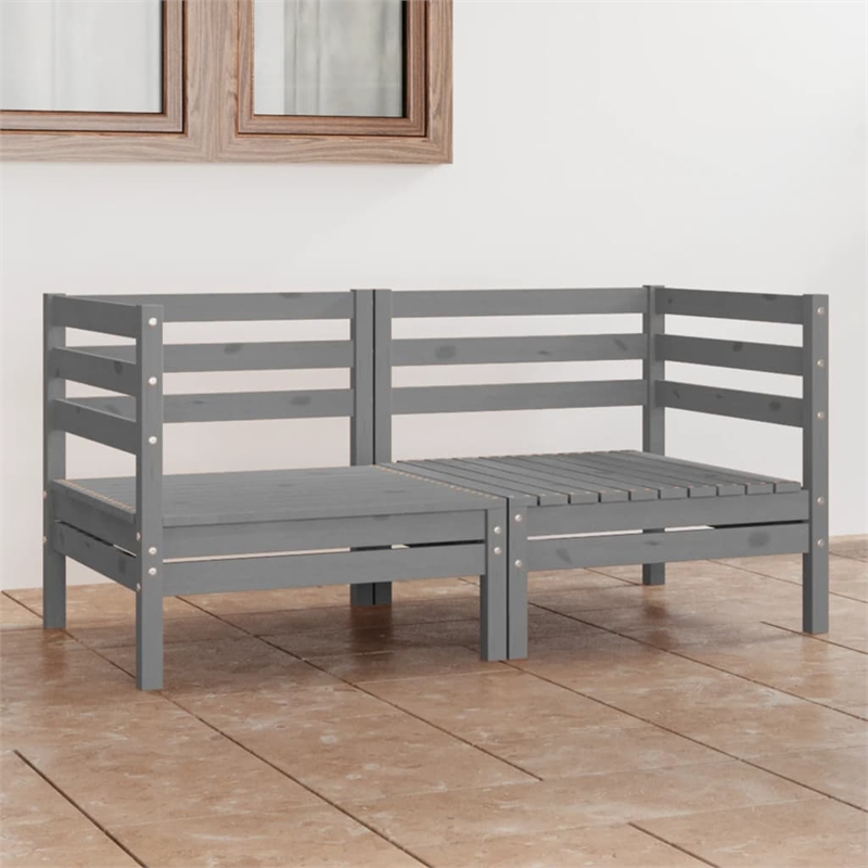 Bowery Hill 2-Seater Solid Pine Wood Medium Modular Garden Sofa in Gray