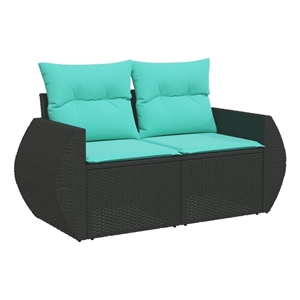 Bowery Hill Rattan & Powder-Coated Steel & Polyester Garden Sofa - Black & Blue