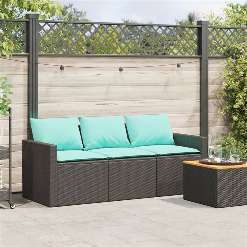 Bowery Hill Medium PE Rattan Garden Sofa With Blue Cushions in Black