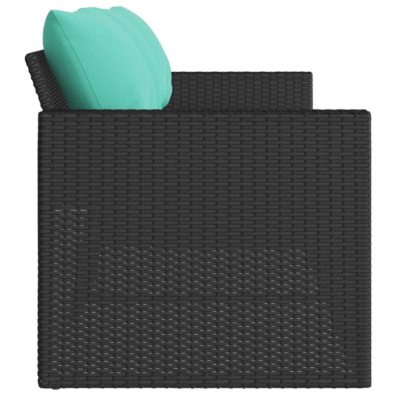 Bowery Hill Medium PE Rattan Garden Sofa With Blue Cushions in Black