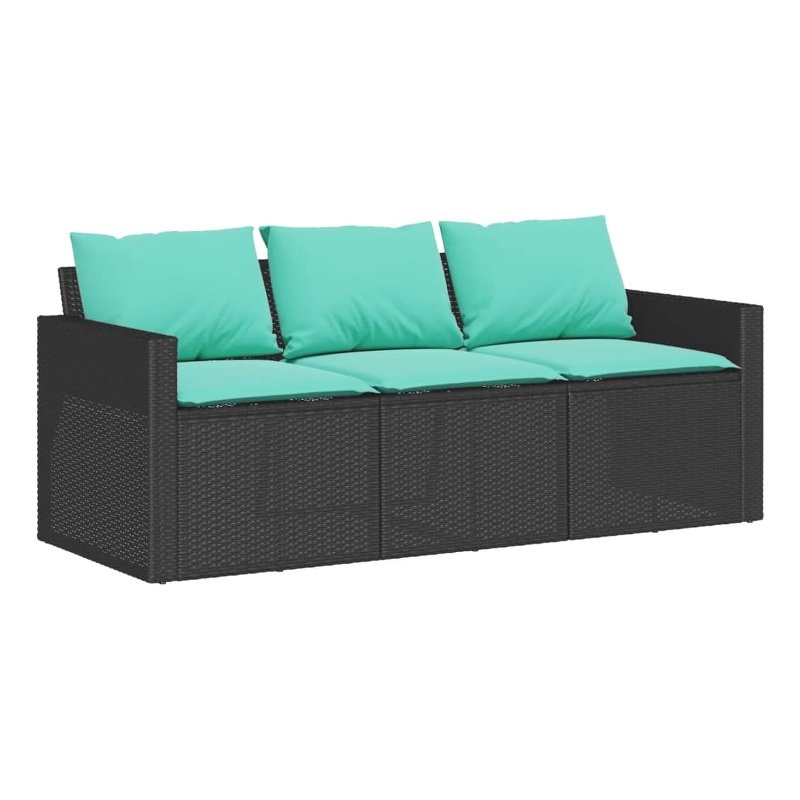 Bowery Hill Medium PE Rattan Garden Sofa With Blue Cushions in Black