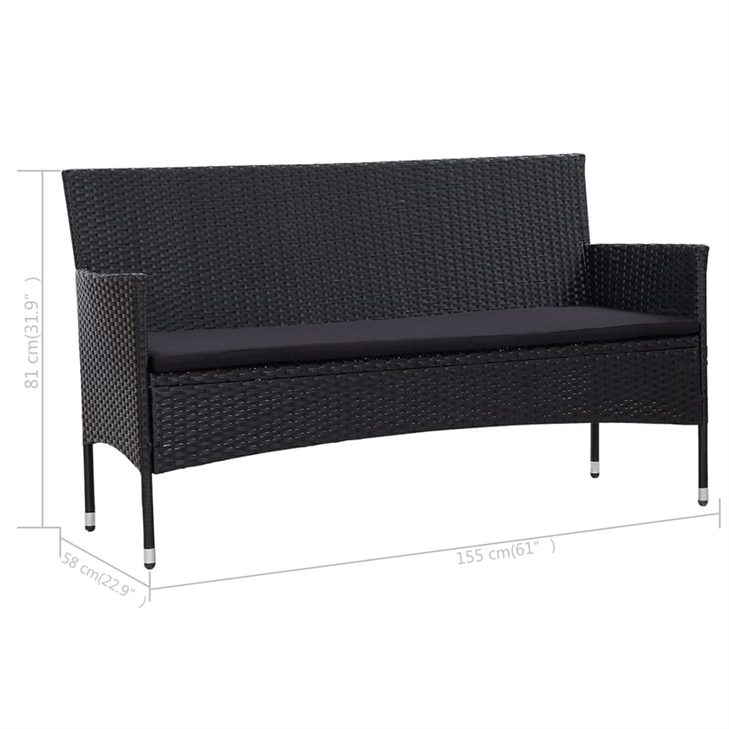 Bowery Hill 3-Seater Poly Rattan Patio Sofa With Cushions in Black