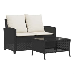 Bowery Hill Medium PE Rattan Garden Sofa With Removable Covers in Black & Cream