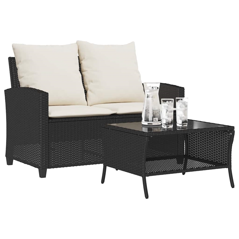 Bowery Hill Medium PE Rattan Garden Sofa With Removable Covers in Black & Cream