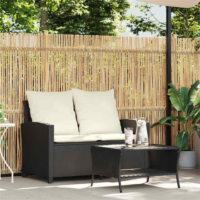 Bowery Hill Medium PE Rattan Garden Sofa With Removable Covers in Black & Cream