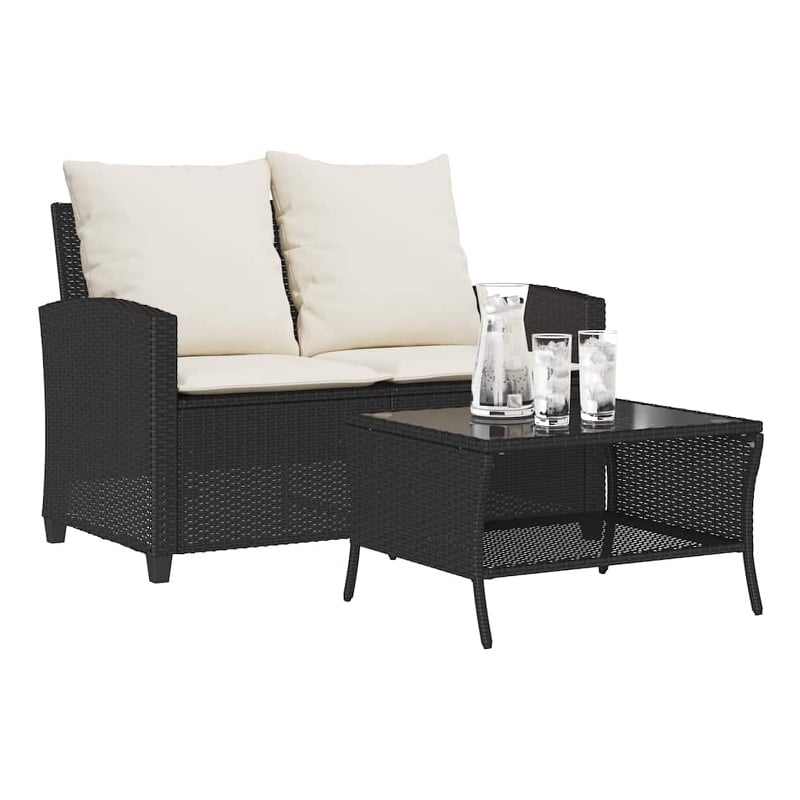 Bowery Hill Medium PE Rattan Garden Sofa With Removable Covers in Black & Cream