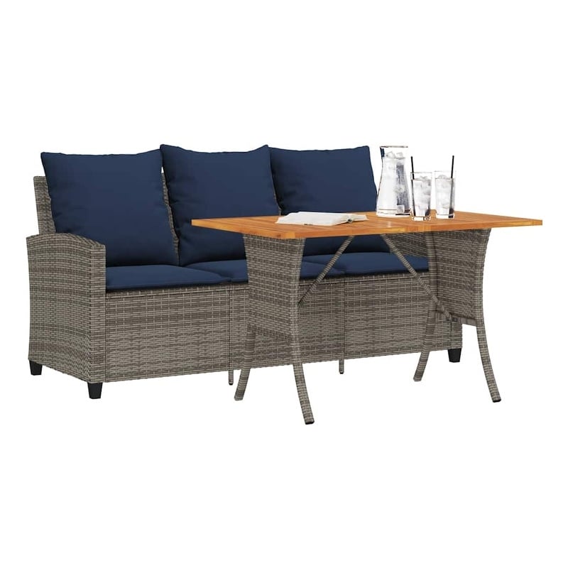 Bowery Hill 3-Seater Poly Rattan Patio Sofa With Cushions And Table in Gray
