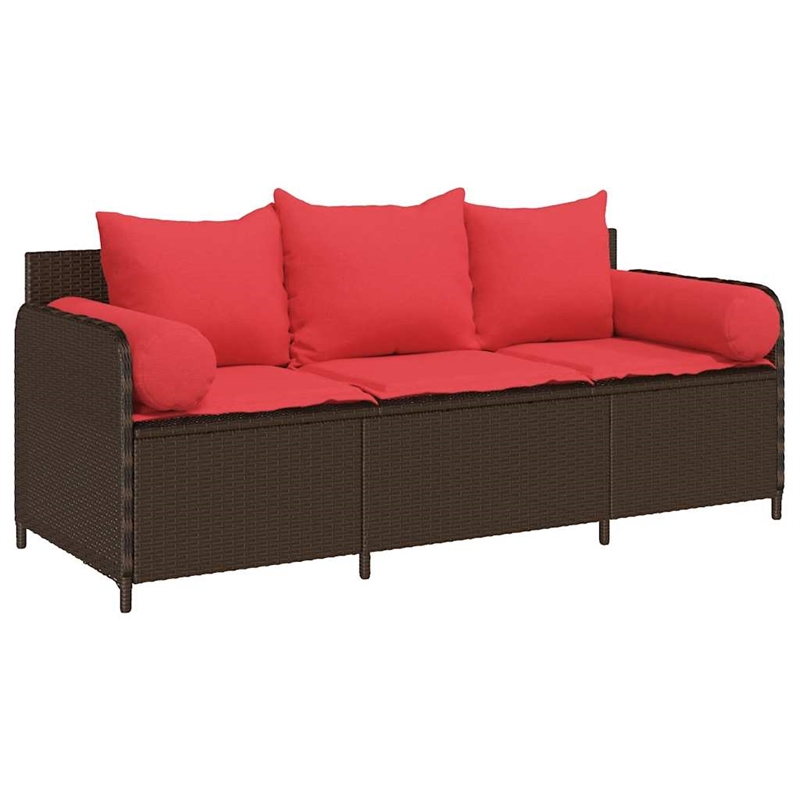 Bowery Hill 3-Seater Poly Rattan Patio Sofa With Cushions in Brown