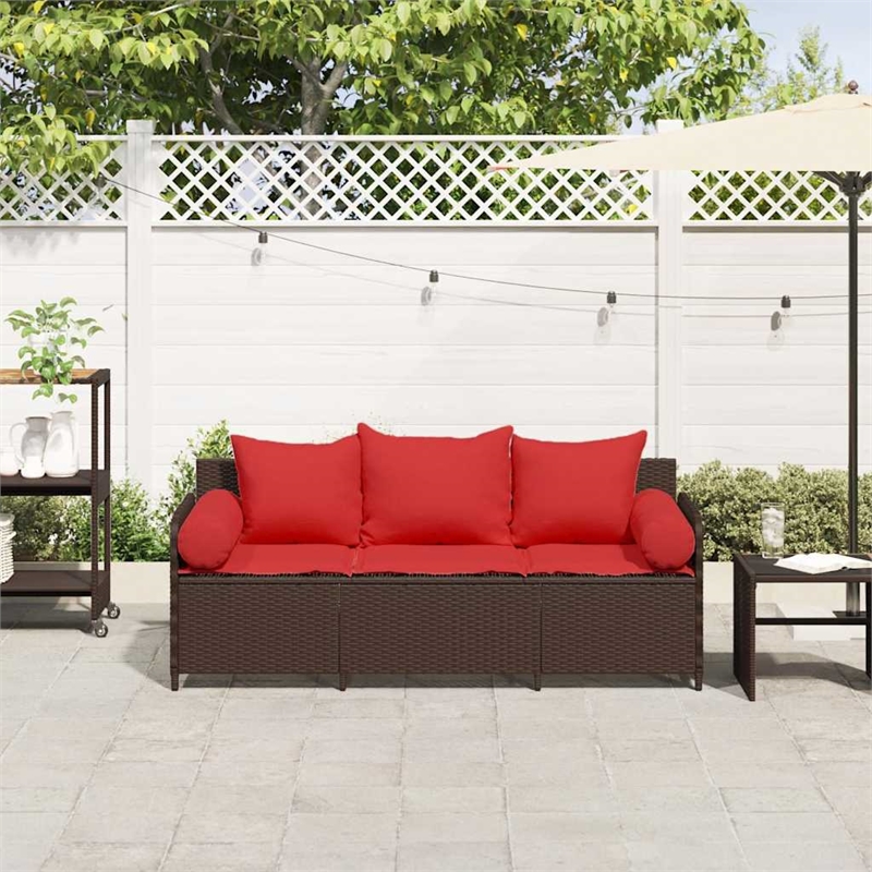 Bowery Hill 3-Seater Poly Rattan Patio Sofa With Cushions in Brown