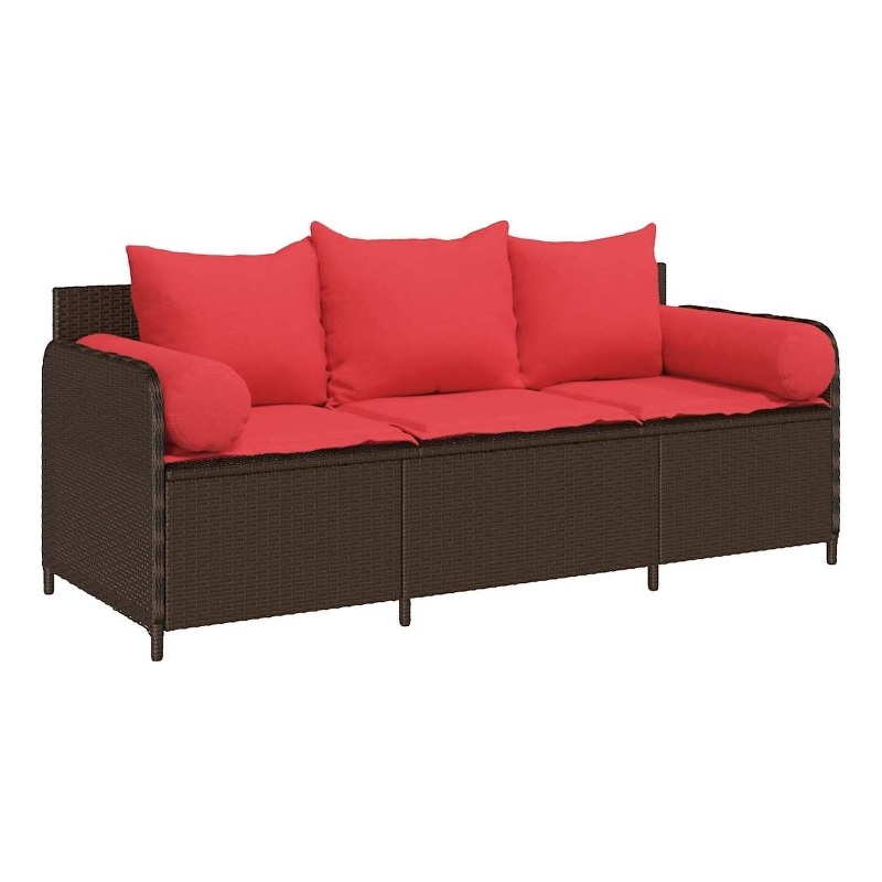 Bowery Hill 3-Seater Poly Rattan Patio Sofa With Cushions in Brown