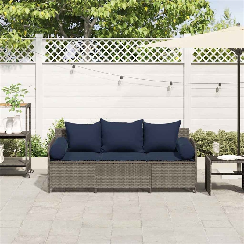 Bowery Hill 3-Seater Poly Rattan Patio Sofa With Cushions in Gray