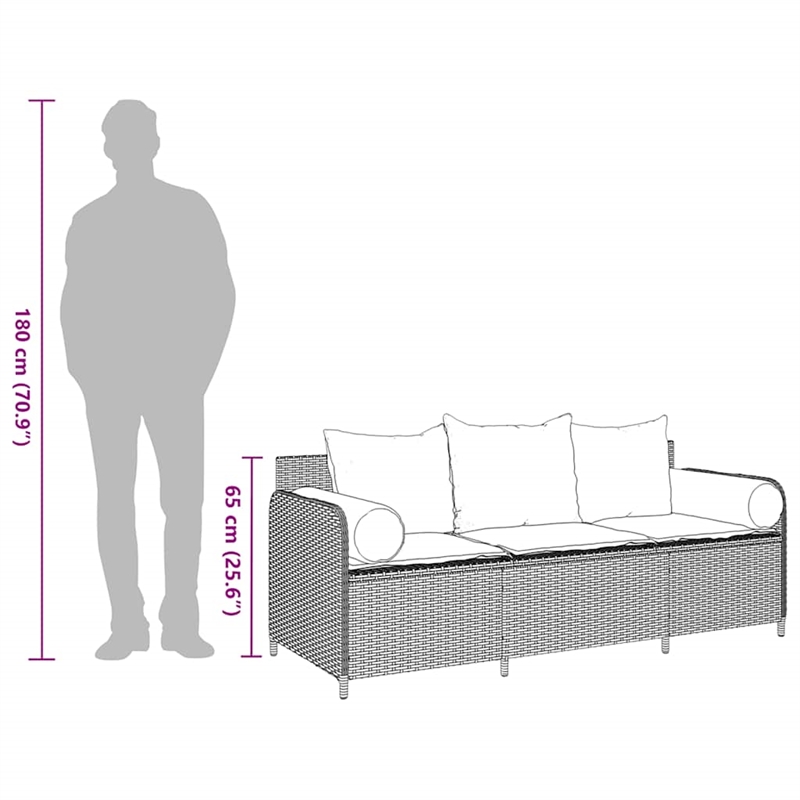 Bowery Hill 3-Seater Poly Rattan Patio Sofa With Cushions in Gray