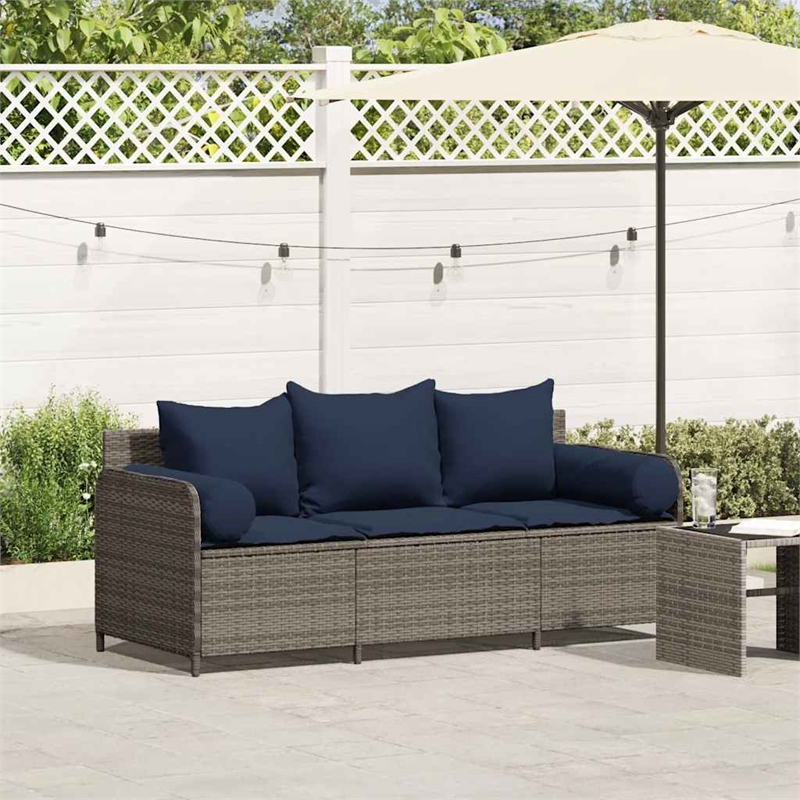 Bowery Hill 3-Seater Poly Rattan Patio Sofa With Cushions in Gray