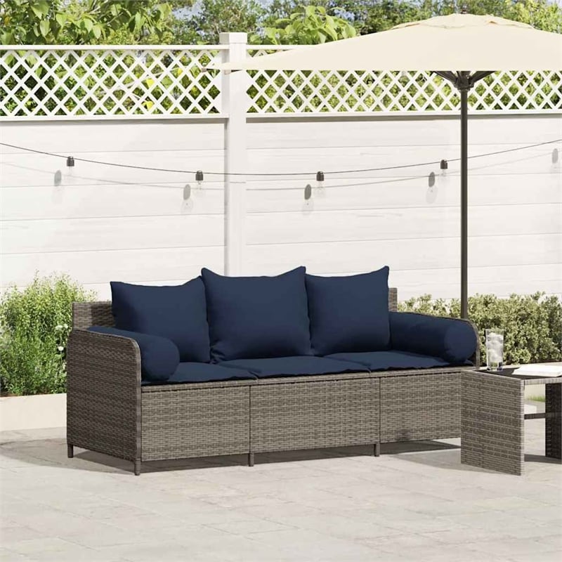 Bowery Hill 3-Seater Poly Rattan Patio Sofa With Cushions in Gray