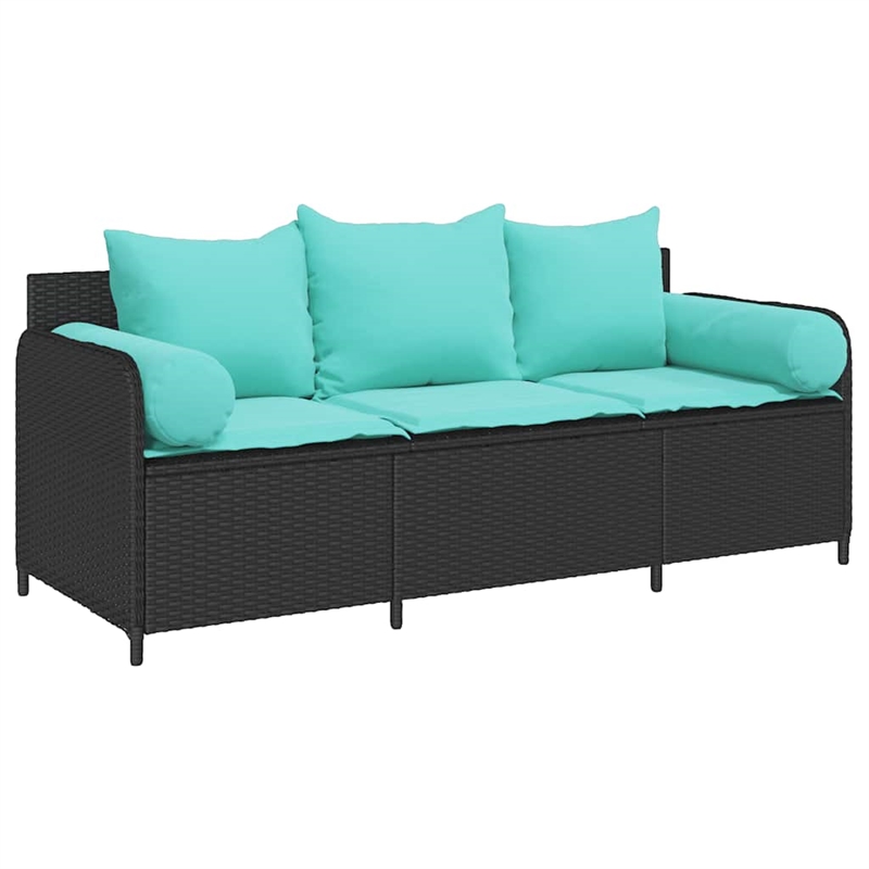 Bowery Hill 3-Seater Poly Rattan Patio Sofa With Cushions in Black
