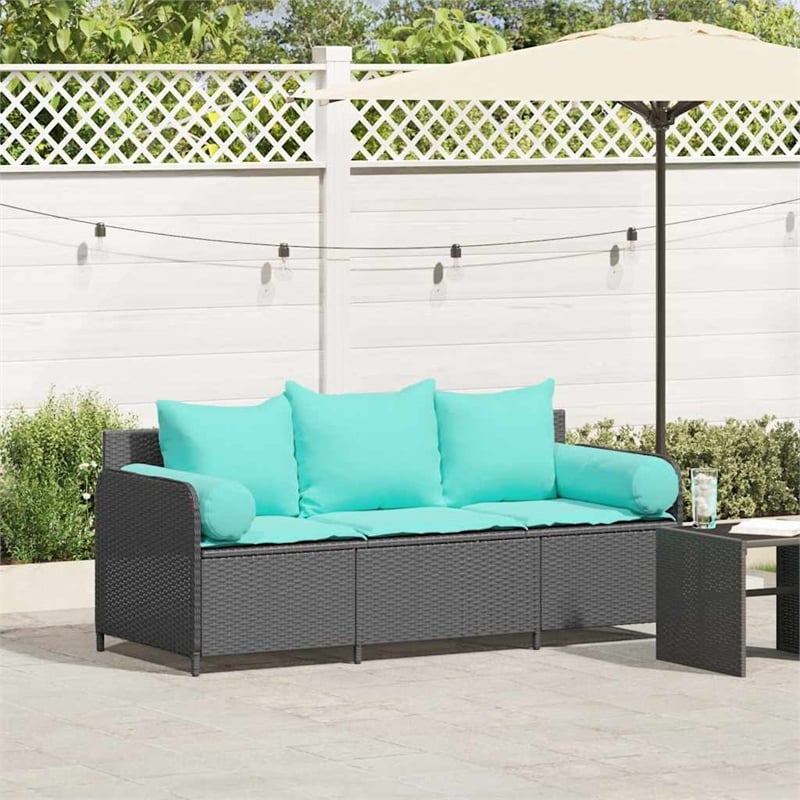 Bowery Hill 3-Seater Poly Rattan Patio Sofa With Cushions in Black