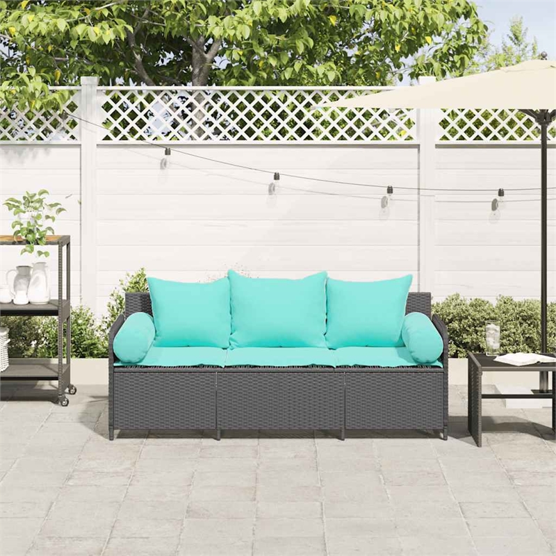 Bowery Hill 3-Seater Poly Rattan Patio Sofa With Cushions in Black
