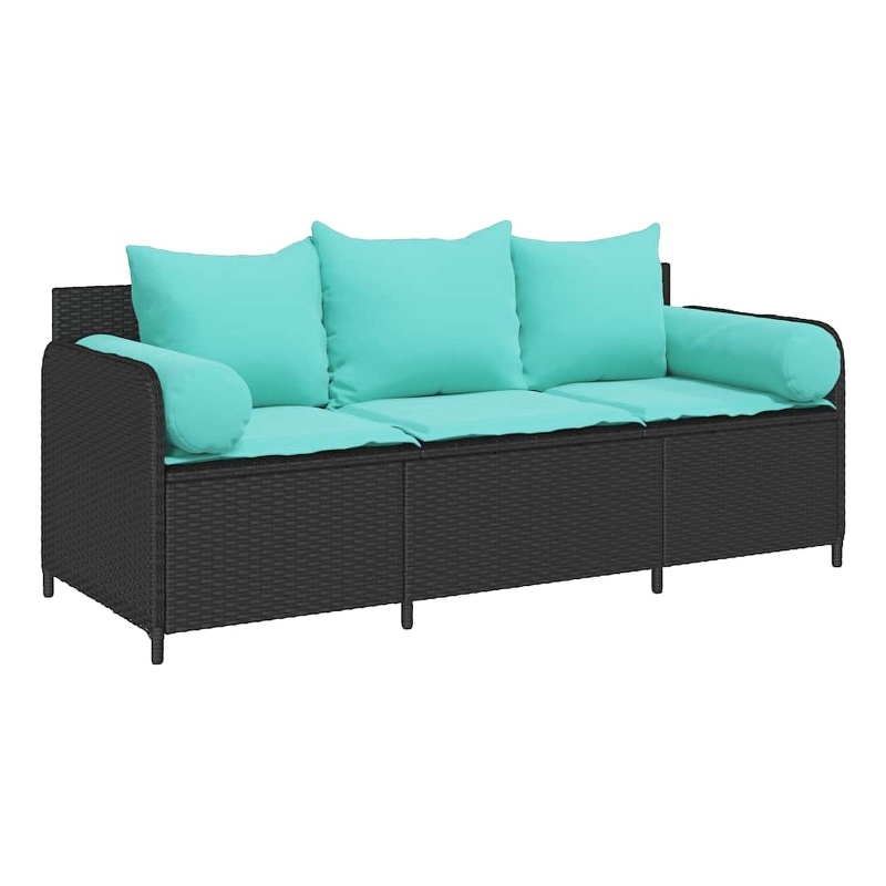 Bowery Hill 3-Seater Poly Rattan Patio Sofa With Cushions in Black