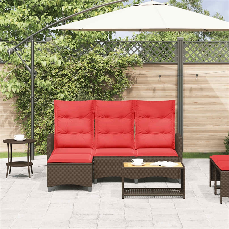 Bowery Hill L-Shaped Poly Rattan Reclining Patio Sofa With Cushions in Brown
