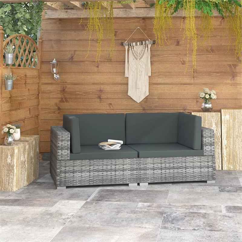 Bowery Hill Medium PE Rattan Patio Sofa With Dark Gray Cushions in Gray